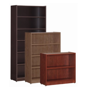 dark brown, light brown, and cherry bookcases of varying heights